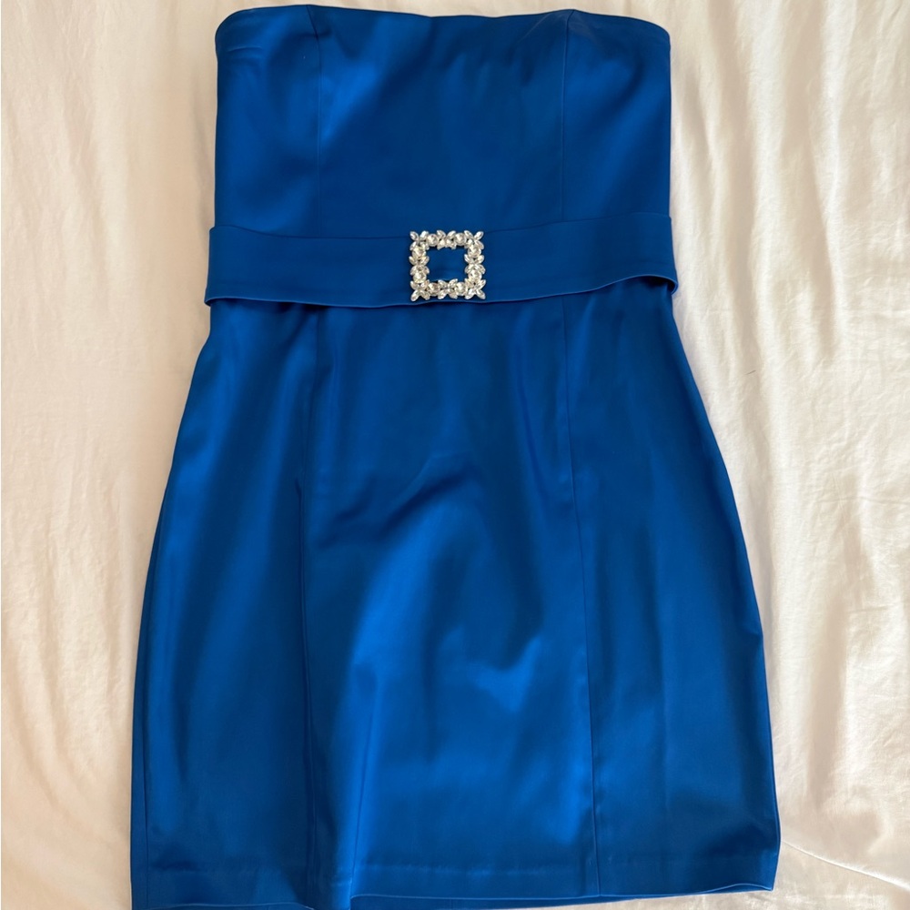 Amanda Uprichard Strapless Royal Blue Mini Dress with Rhinestone Buckle